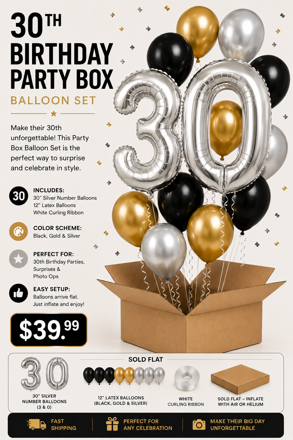 30th Birthday Party Box Balloon Set – Gold