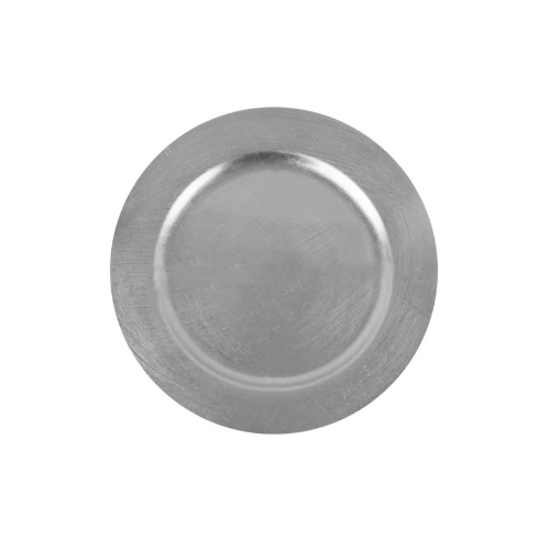 Set of six silver charger plates for weddings and events