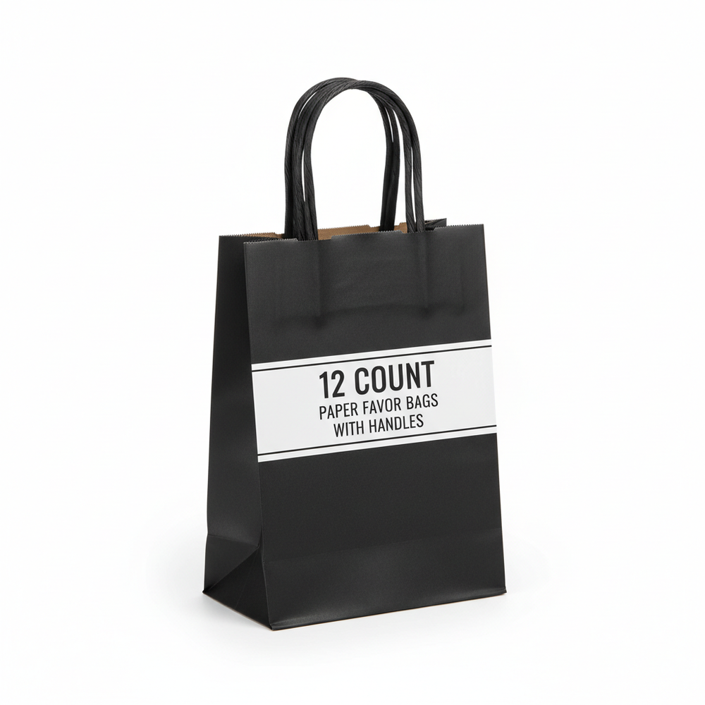 Black favor bags with handles stack