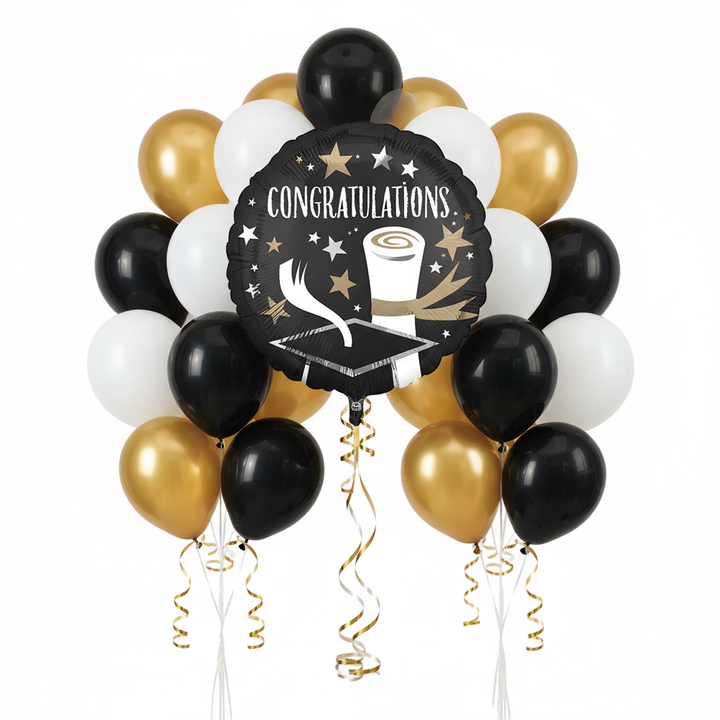 Graduation balloon bouquet with black congratulations balloon, gold and white balloons