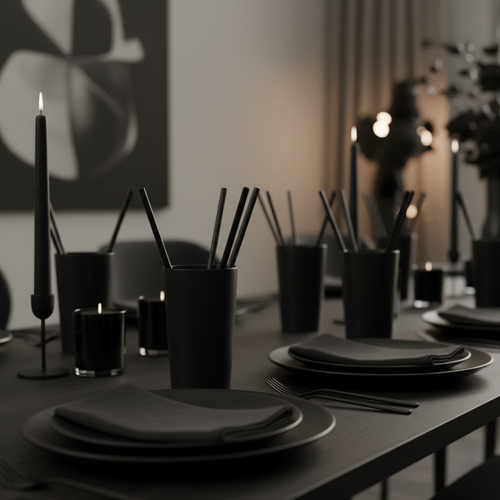 Black paper straws styled with black tableware at elegant party