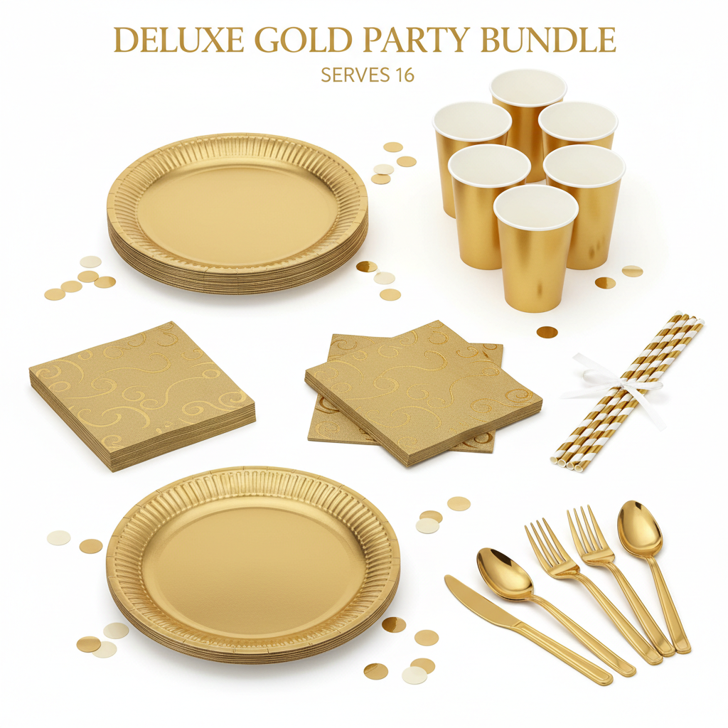 Deluxe gold tableware party bundle for 16 guests - complete luxe party set