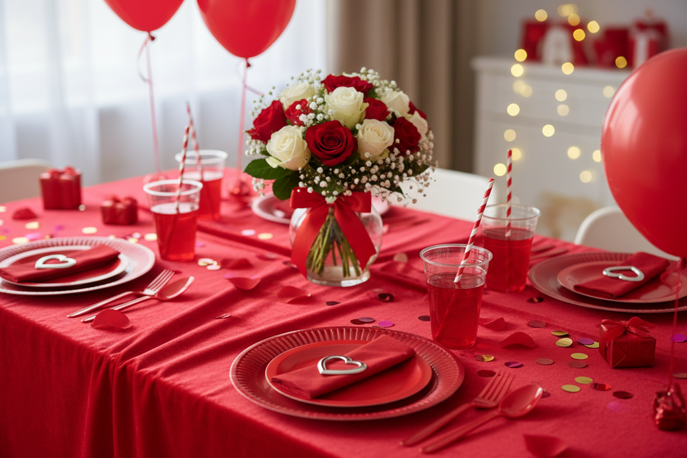 Festive red party tablescape with complete place setting