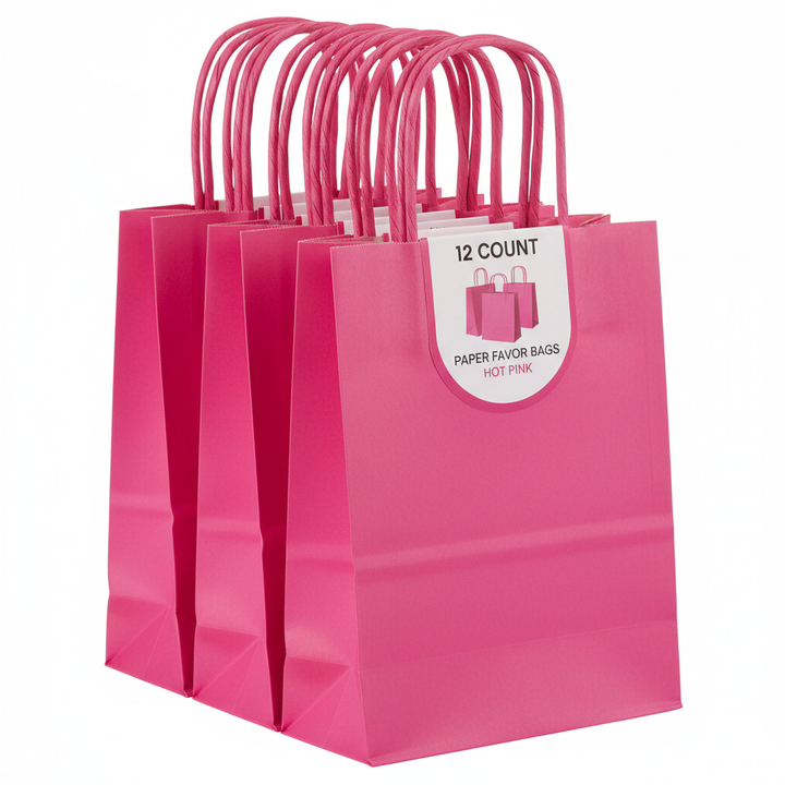 Hot Pink Paper Favor Bags - 12 Count (8.375" x 5.25" x 3.25")