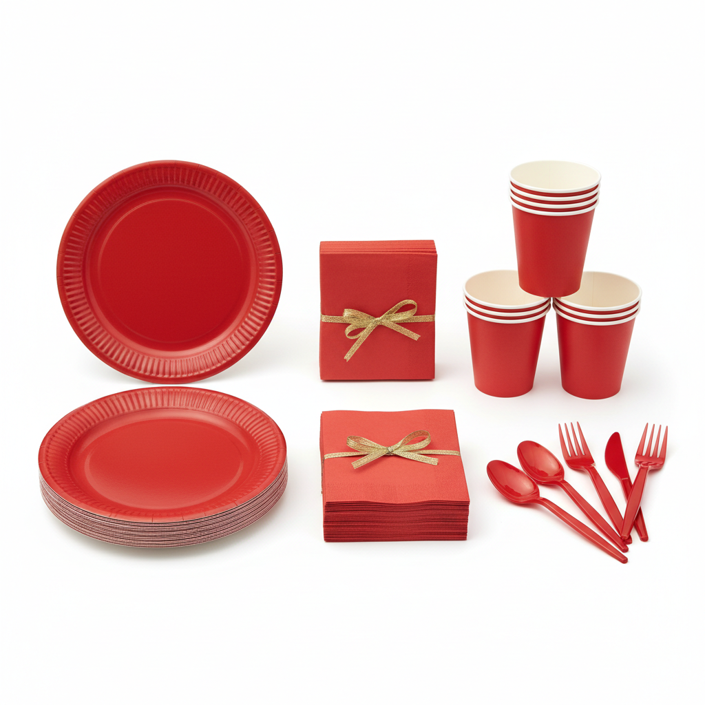 Red tableware party bundle for 8 guests - vibrant red plates, napkins, cups and straws