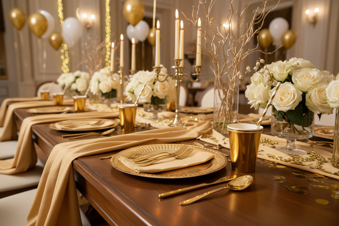 Luxurious gold party tablescape with complete place setting