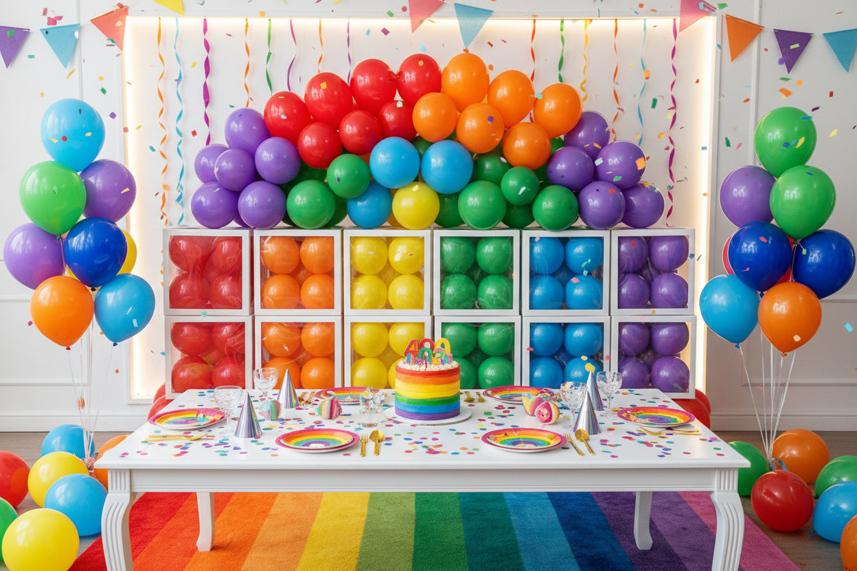 Vibrant rainbow party setup with balloon boxes